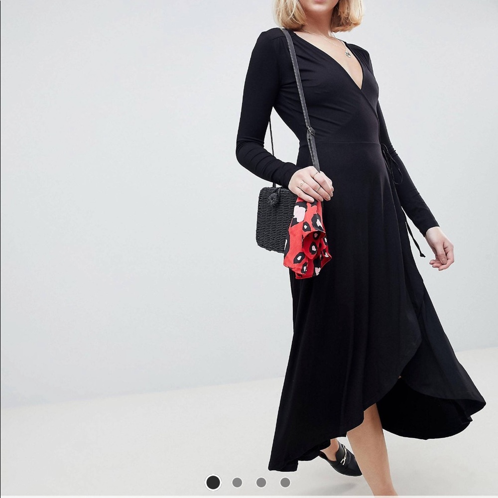 ASOS Black Long Sleeve Wrap Midi Dress